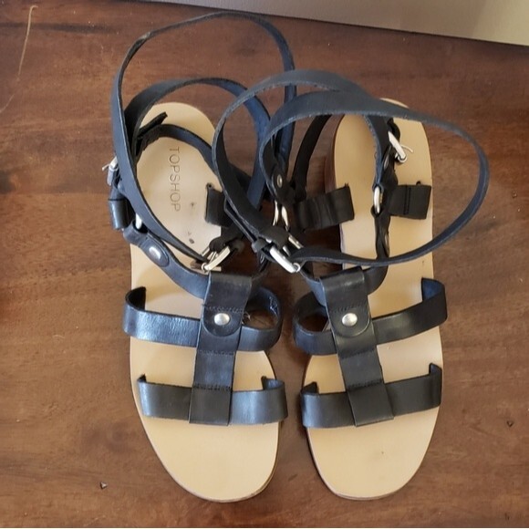 TopShop Valley Gladiator Black Leather Sandals Size 40 - Picture 3 of 11